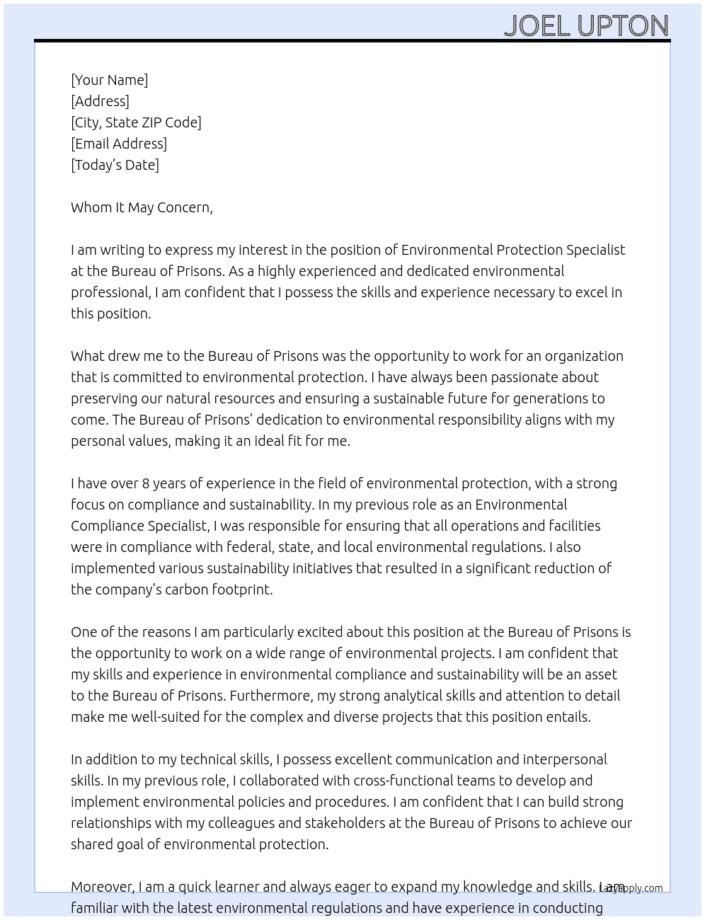 Environmental Protection Specialist  At Bureau of Prisons  Cover Letter