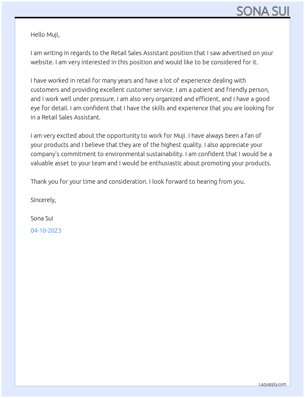 Retail Sales Assistant At Muji Cover Letter