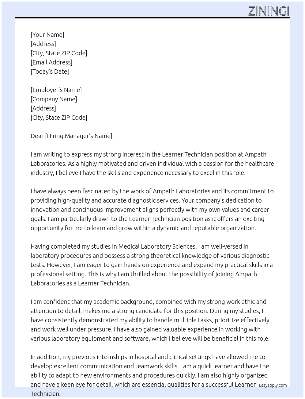 Learner technician At Ampath Laboratories Cover Letter