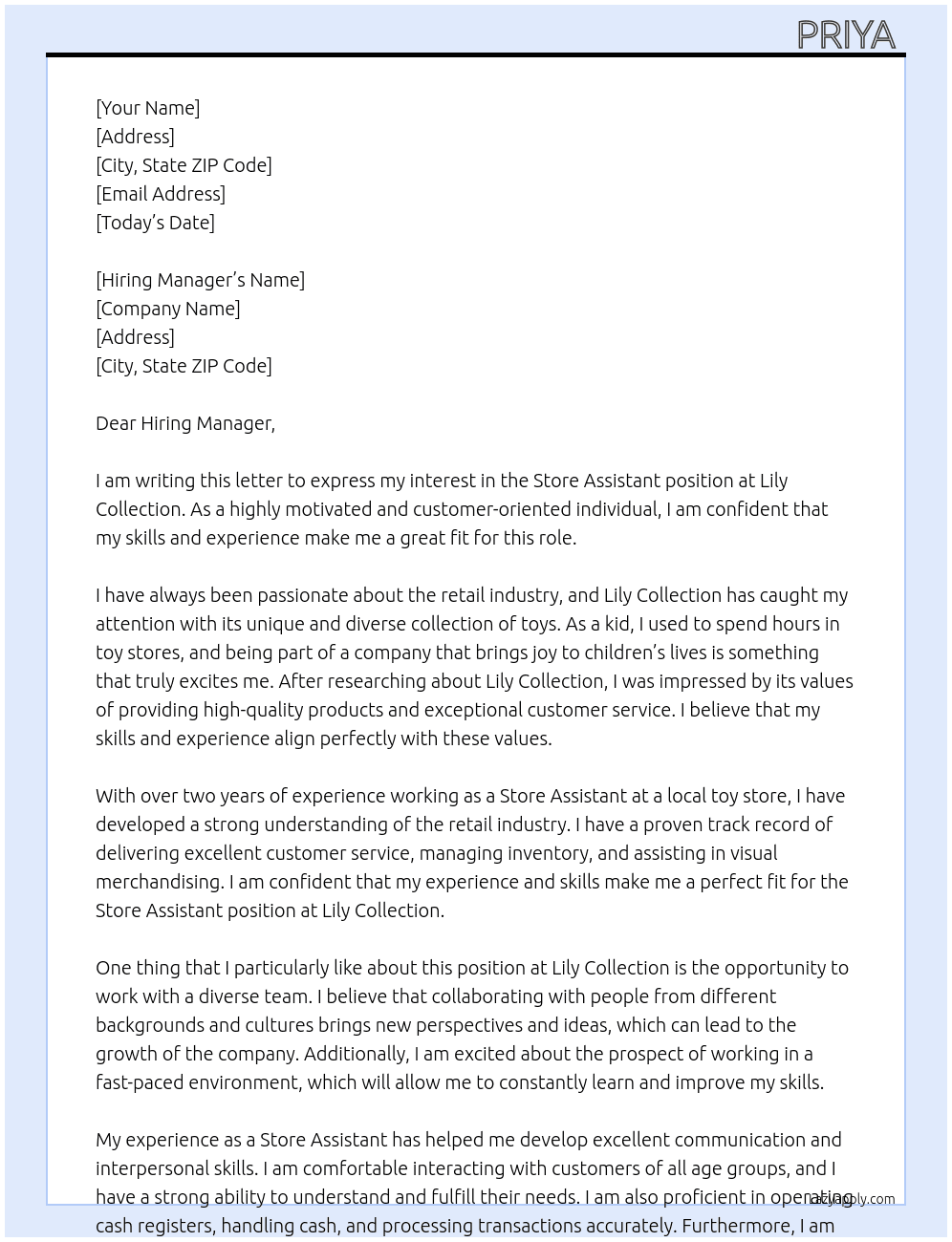 store assistant  At lily collection ( toy store ) Cover Letter