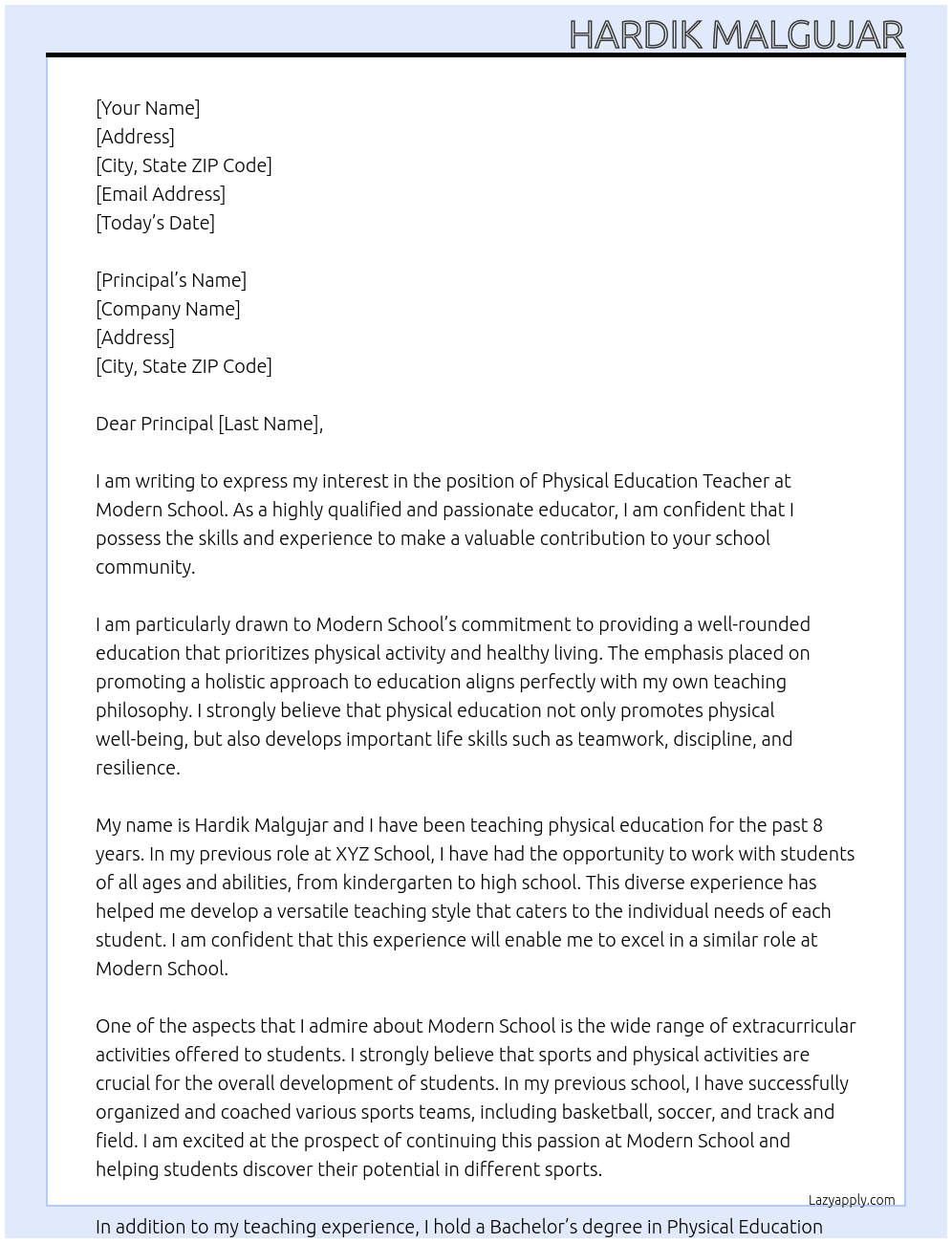 physical Education teacher  At Modern School  Cover Letter