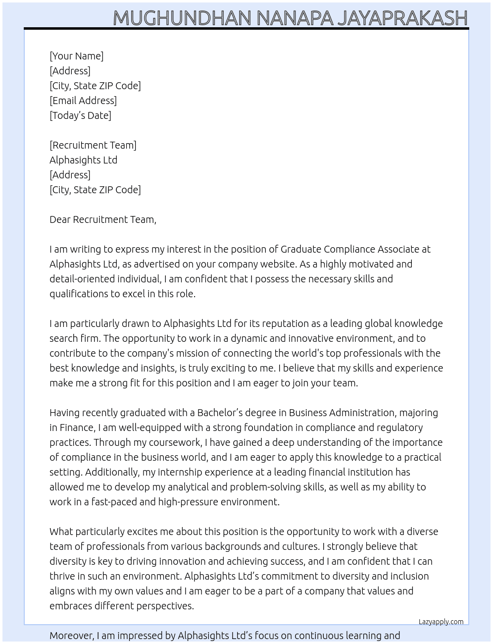 Graduate Compliance Associate At Alphasights Ltd Cover Letter