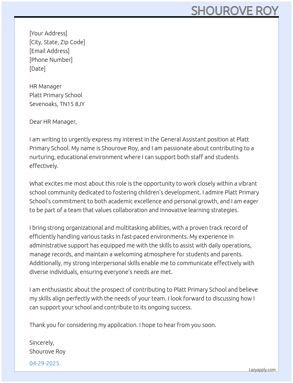 General Assistant  At Platt Primary school, Sevenoaks, TN15 8JY  Cover Letter