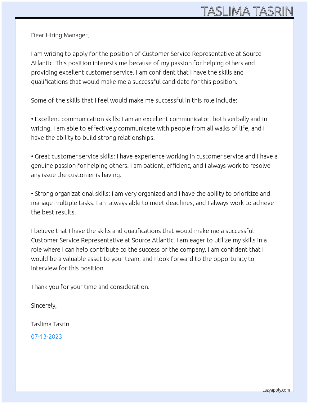 Customer Service Representative At Source Atlantic Cover Letter