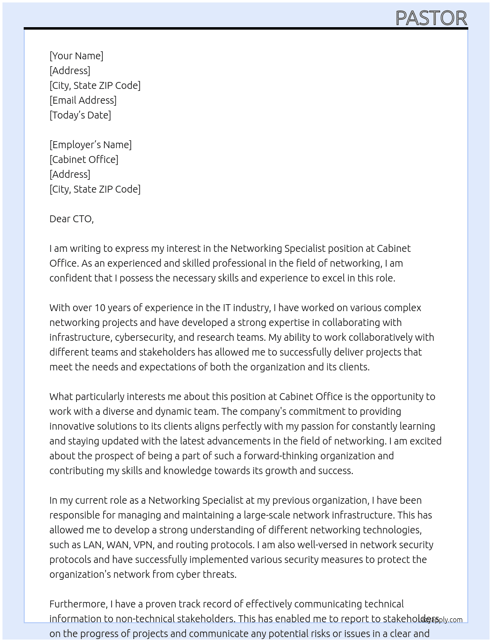 Networking Specialist At cabinet office Cover Letter