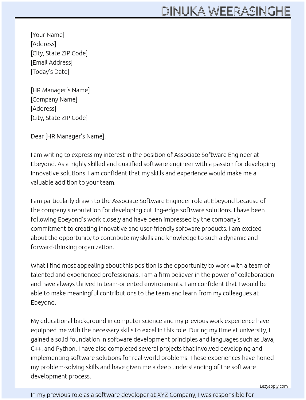 Associate Software Engineer At Ebeyond Cover Letter