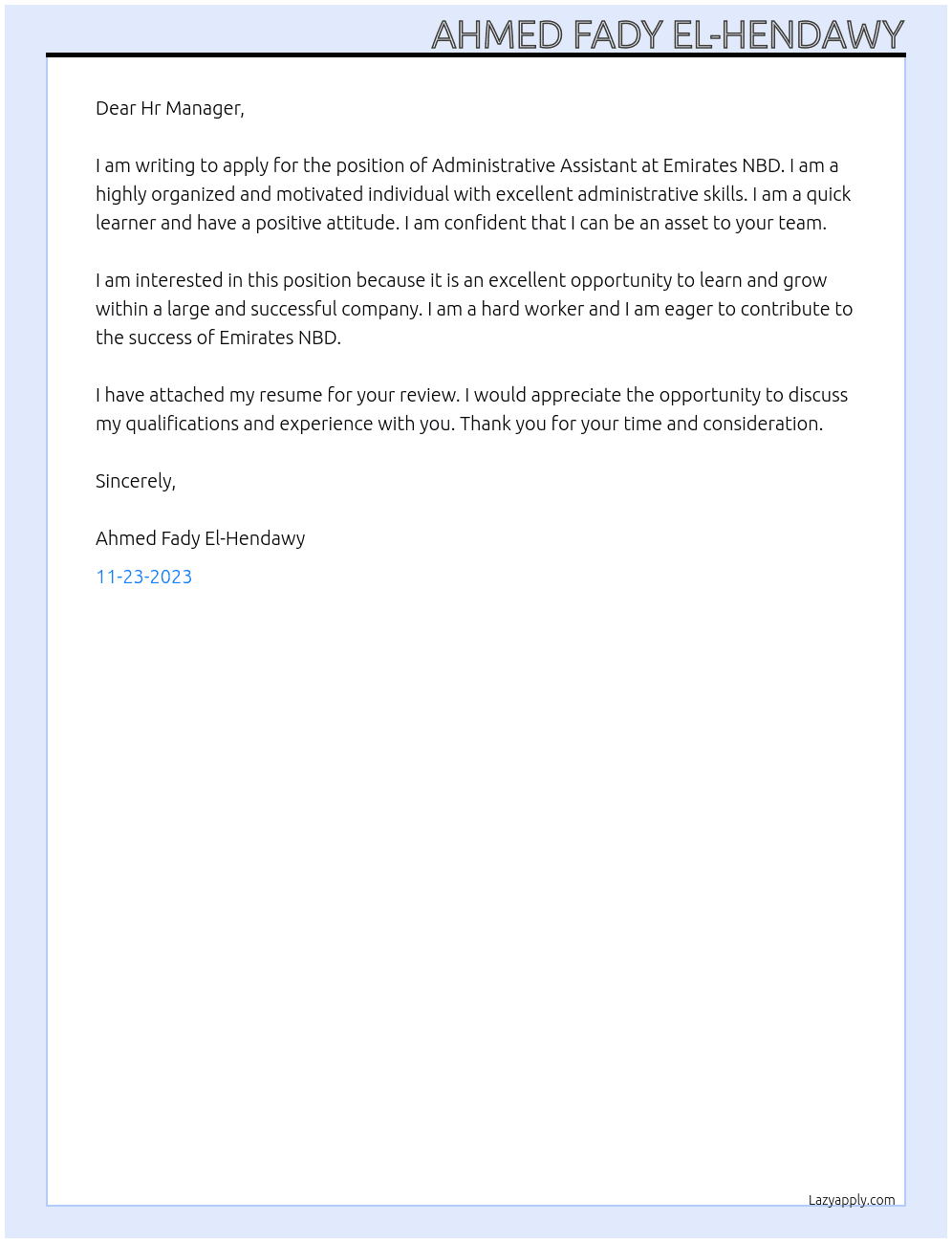 Administrative Assisrant At Emirates NBD Cover Letter