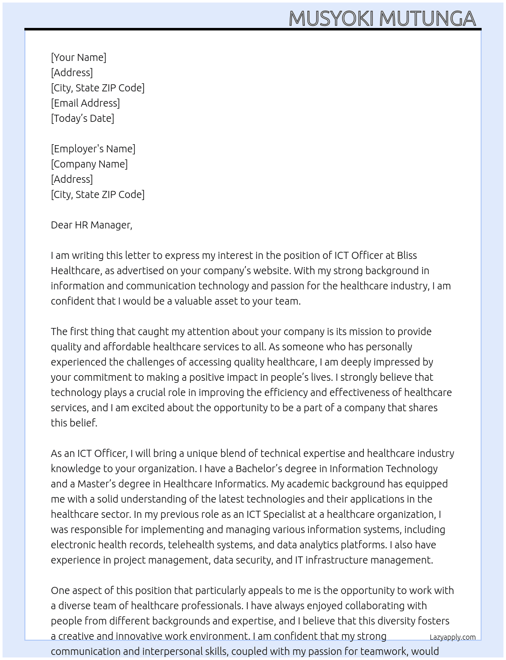 ICT Officer At Bliss Healthcare Cover Letter