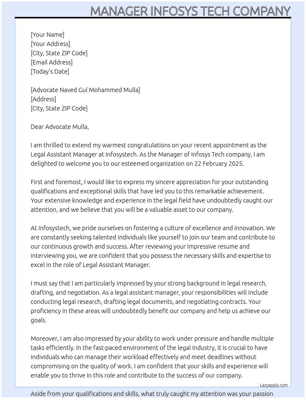 Legal assistant manager At Infosystech Cover Letter