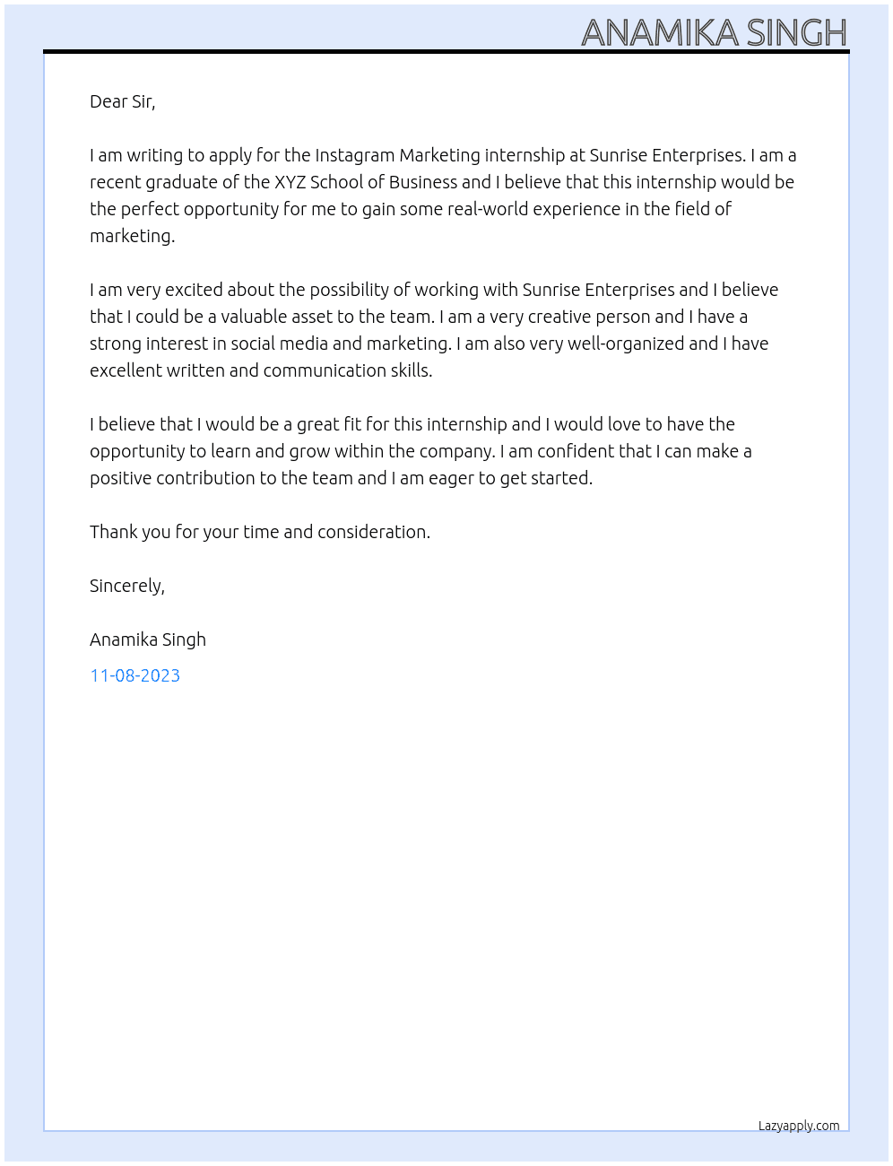 Instagram Marketing internship At Sunrise Enterprises Cover Letter