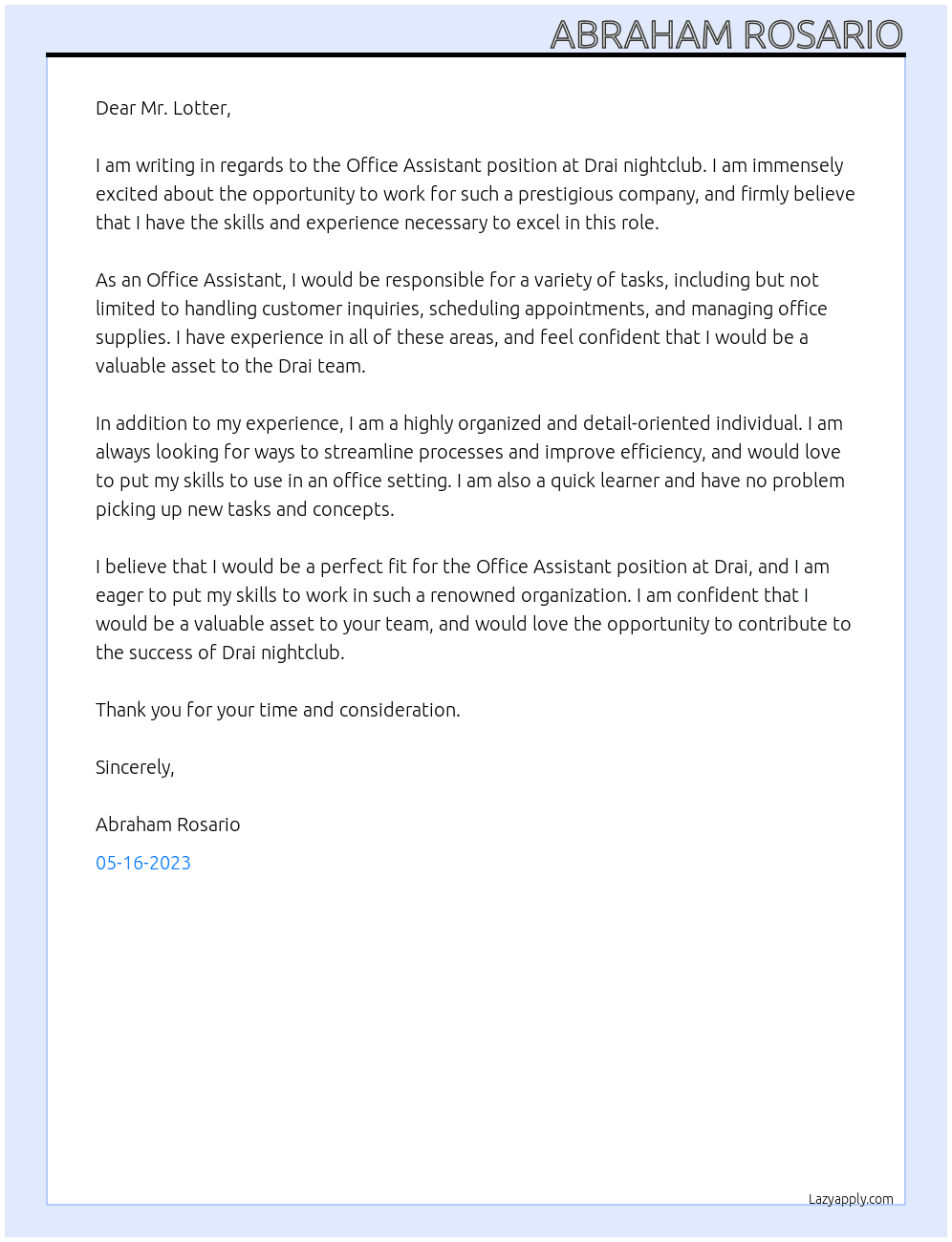 office assistance At drai nightclub  Cover Letter