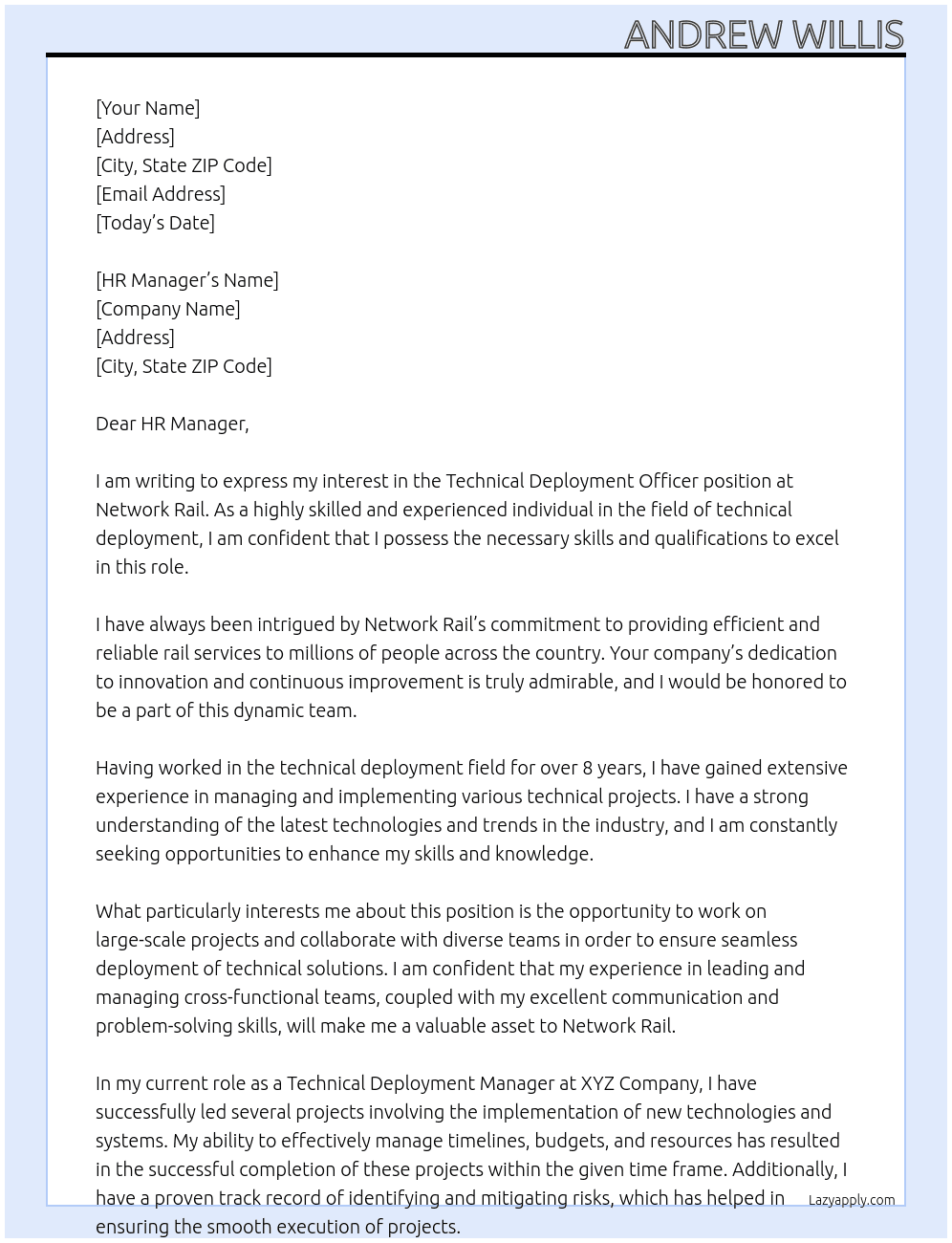 Technical Deployment Officer At Network Rail Cover Letter