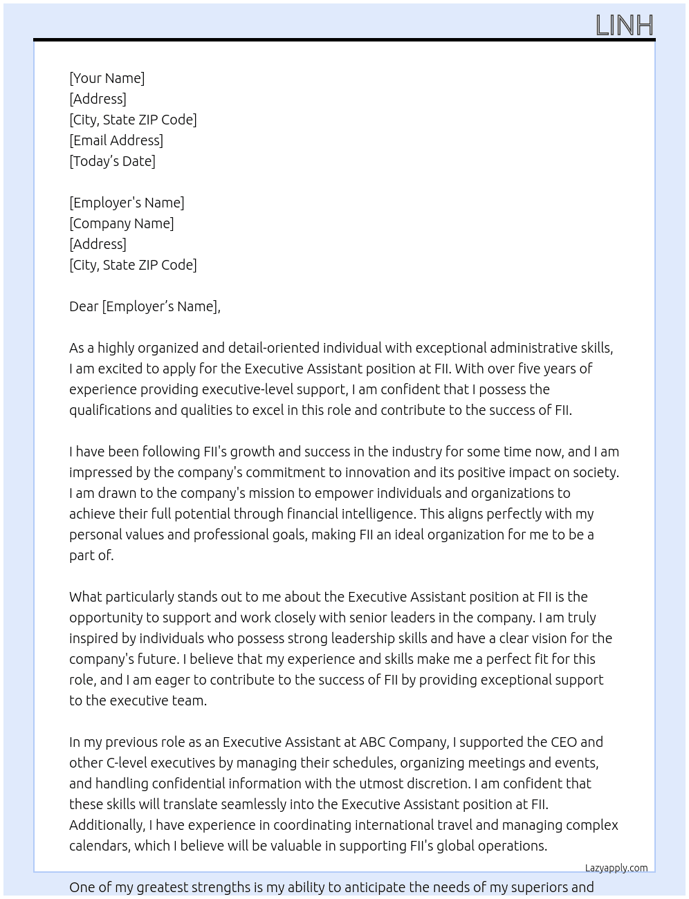 Executive assistant At FII Cover Letter