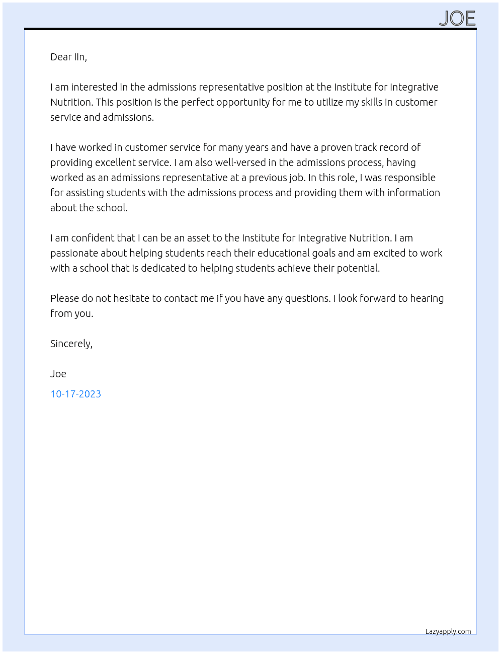 admissions representative At Instituite for Integrative Nutrition Cover Letter