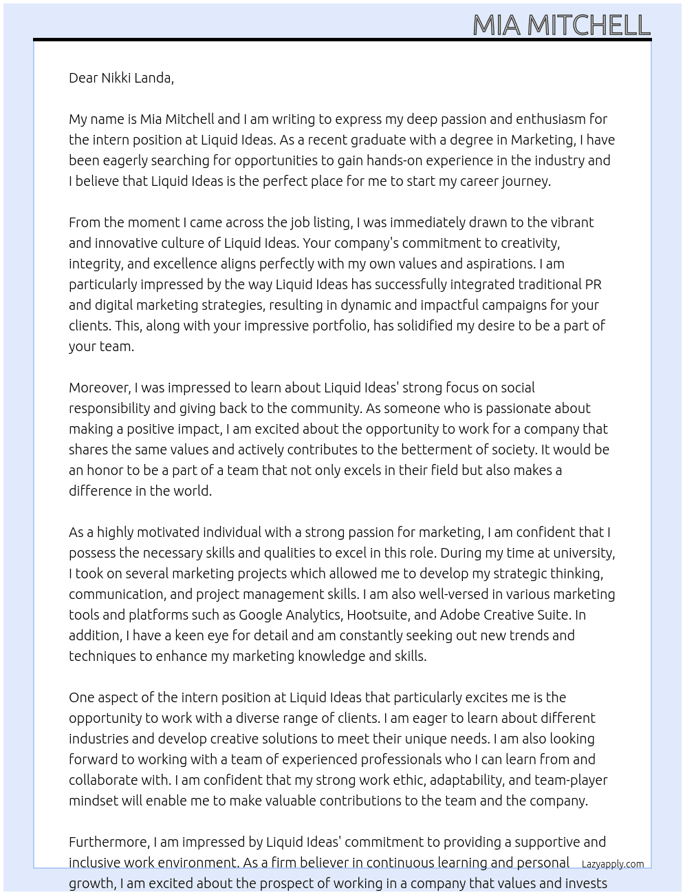 Intern At Liquid Ideas Cover Letter