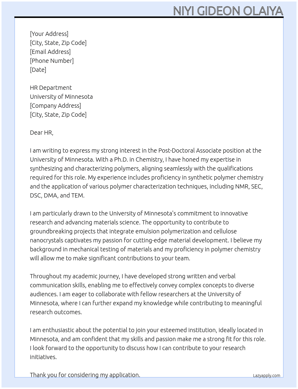 Post-Doctoral Associate At University of Minnesota Cover Letter
