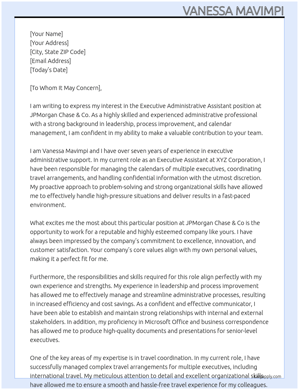 Executive Administrative Assistant At JPMorgan Chase & Co Cover Letter