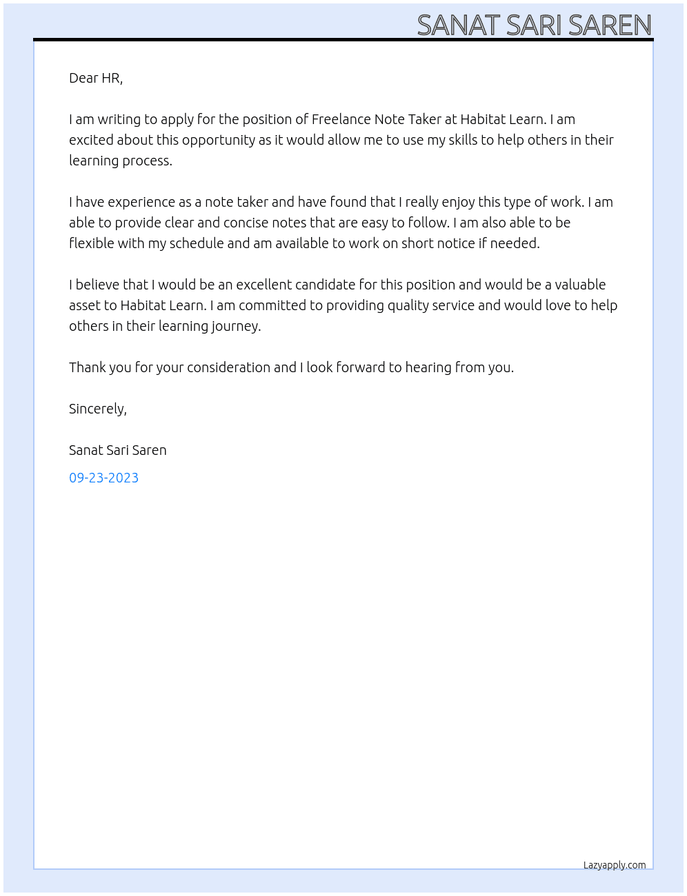 Freelance Note Taker At Habitat Learn Cover Letter