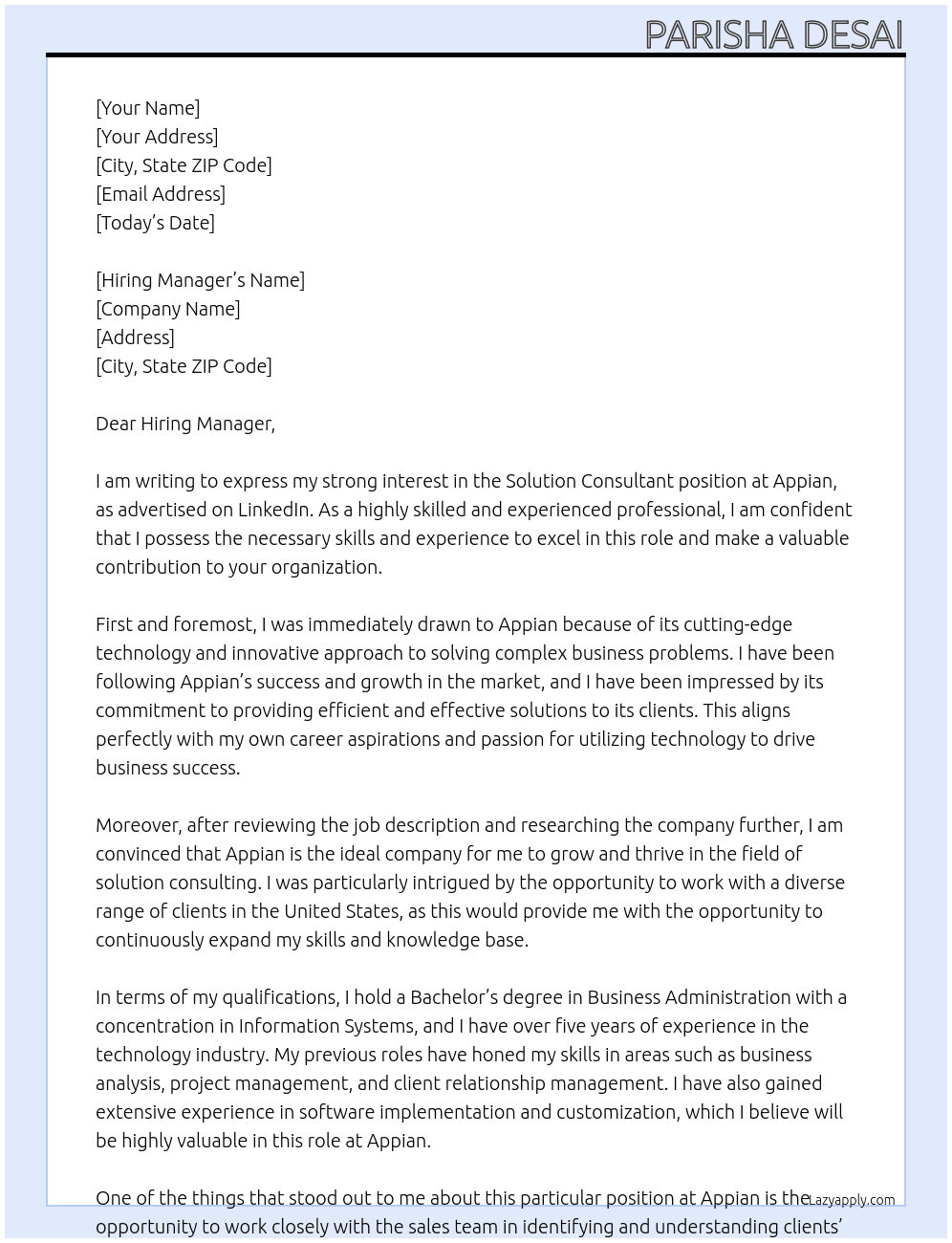 Solution Consultant At Appian Cover Letter