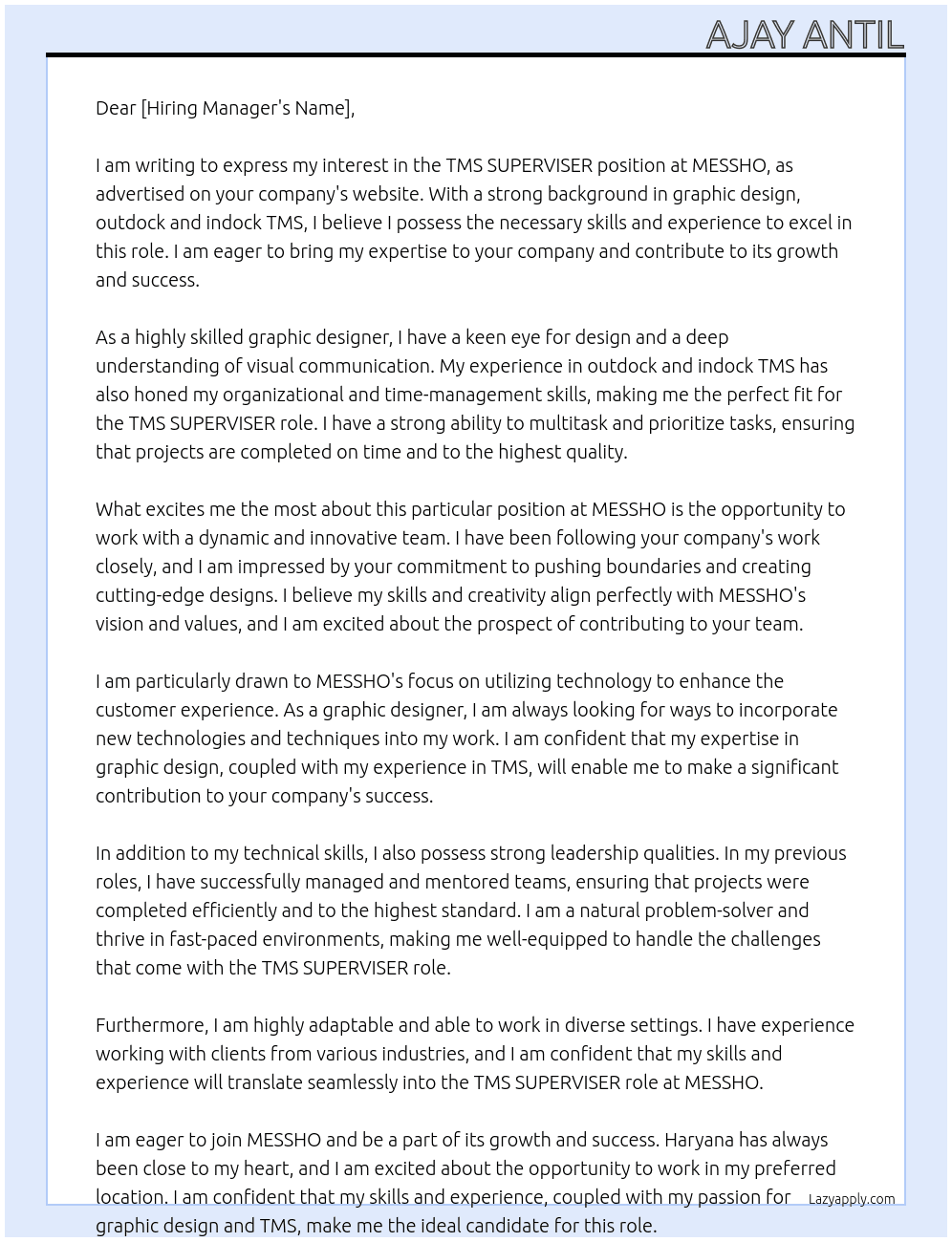 TMS SUPERVISER At MESSHO Cover Letter