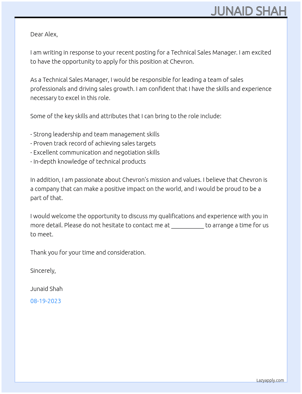 Technical Sales Manager At Chevron Cover Letter