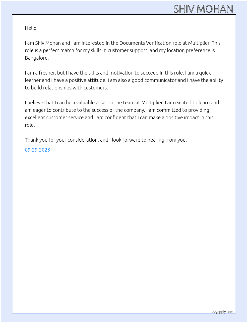 Documents verification  At Multiplier  Cover Letter
