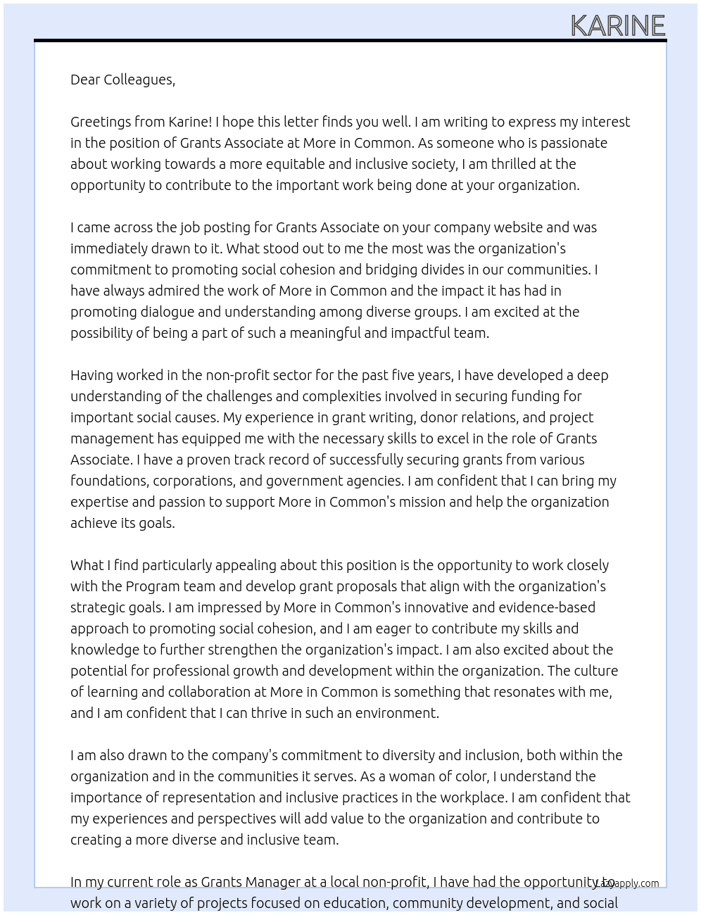 Grants Associate At More in Common Cover Letter