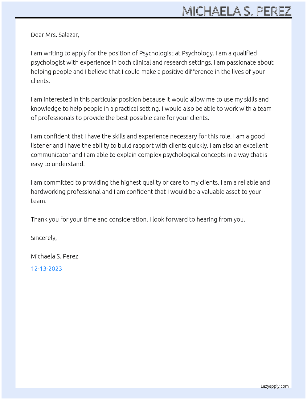 Psychologist  At Psychology  Cover Letter