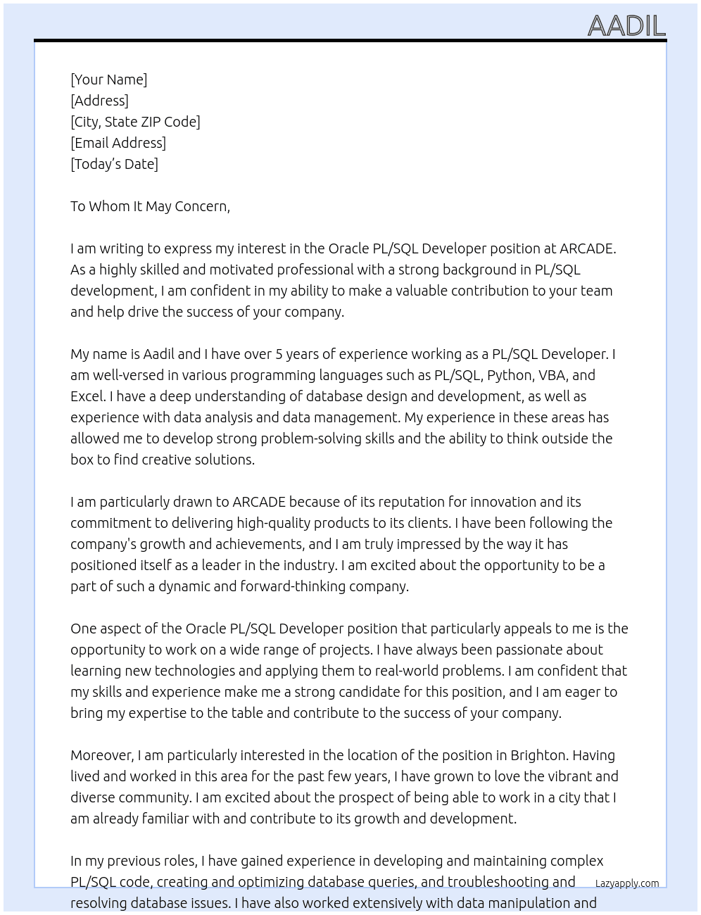 Oracle PL/SQL Developer At ARCADE Cover Letter