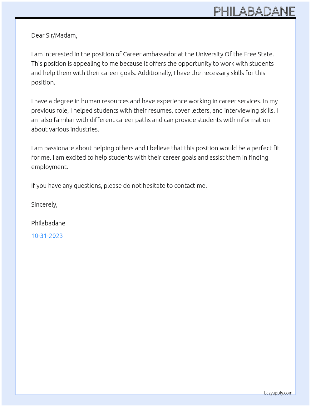 Career ambassador At University Of the Free State  Cover Letter