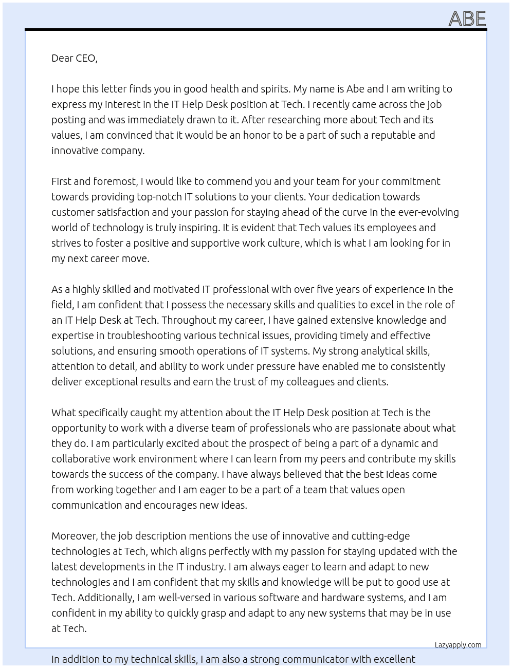 IT Help Desk At Tech Cover Letter