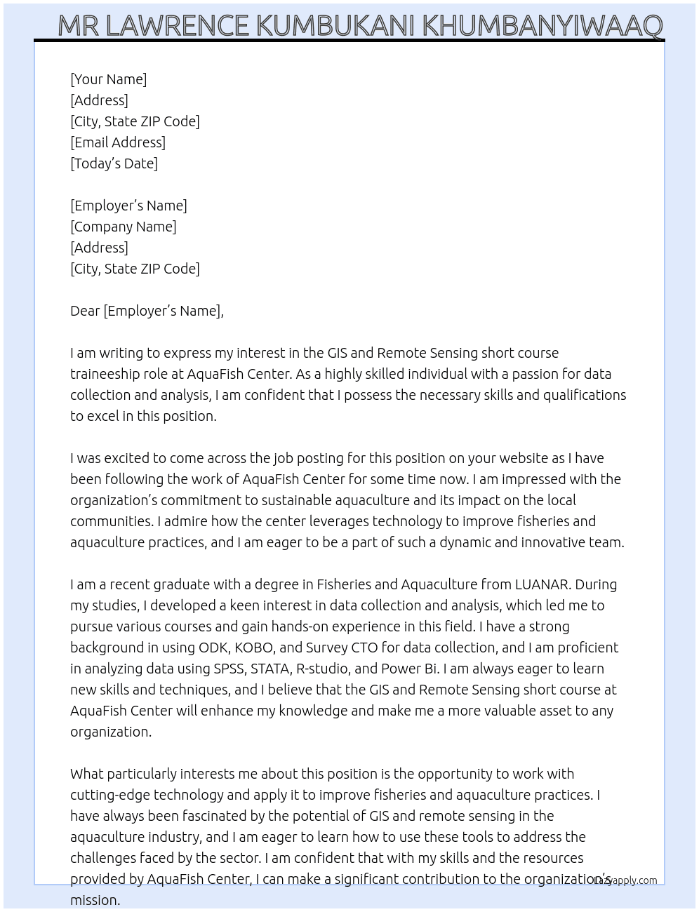 GIS and Remote Sensing  short course At AquaFish Center  Cover Letter