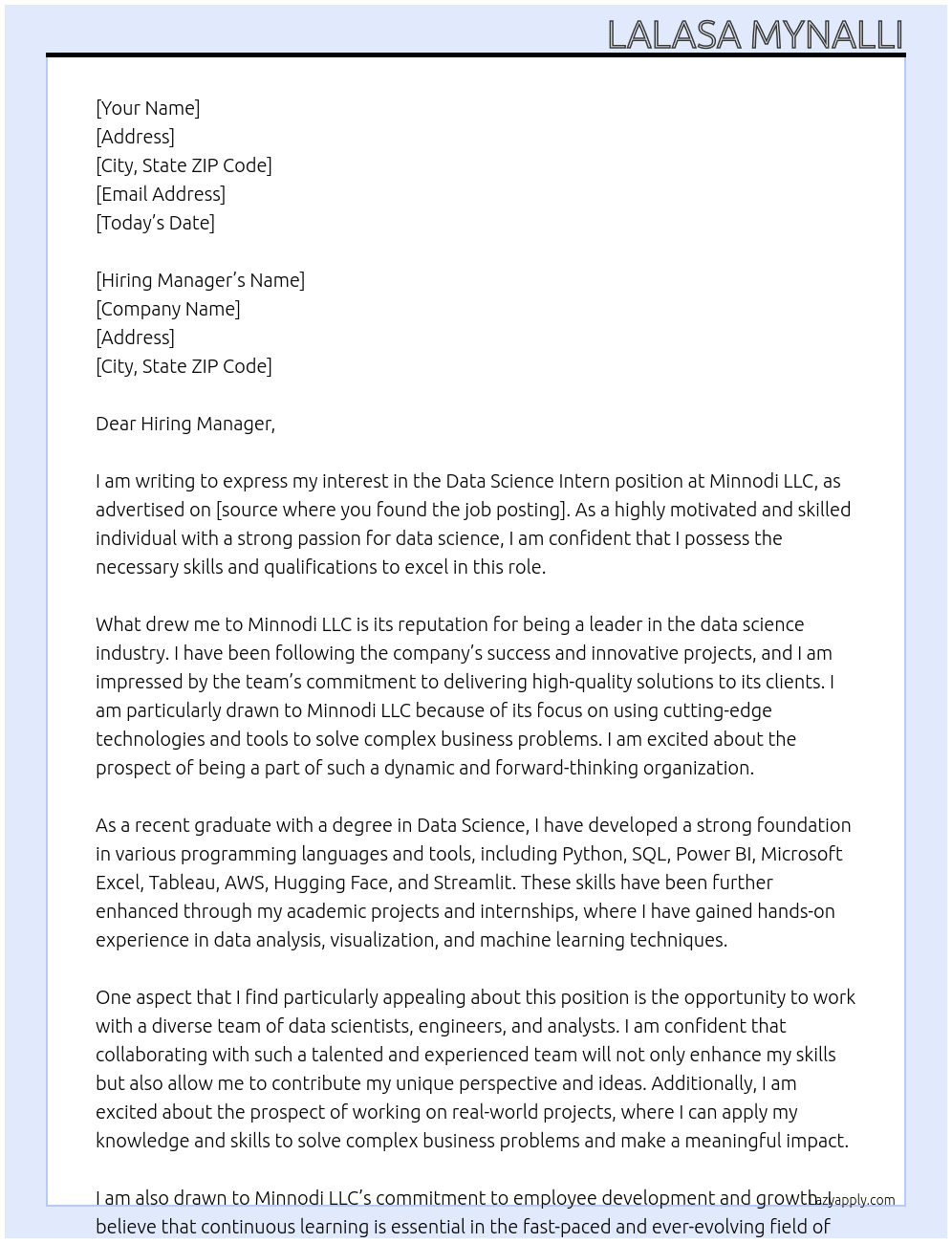 Data Science Intern At Minnodi LLC Cover Letter