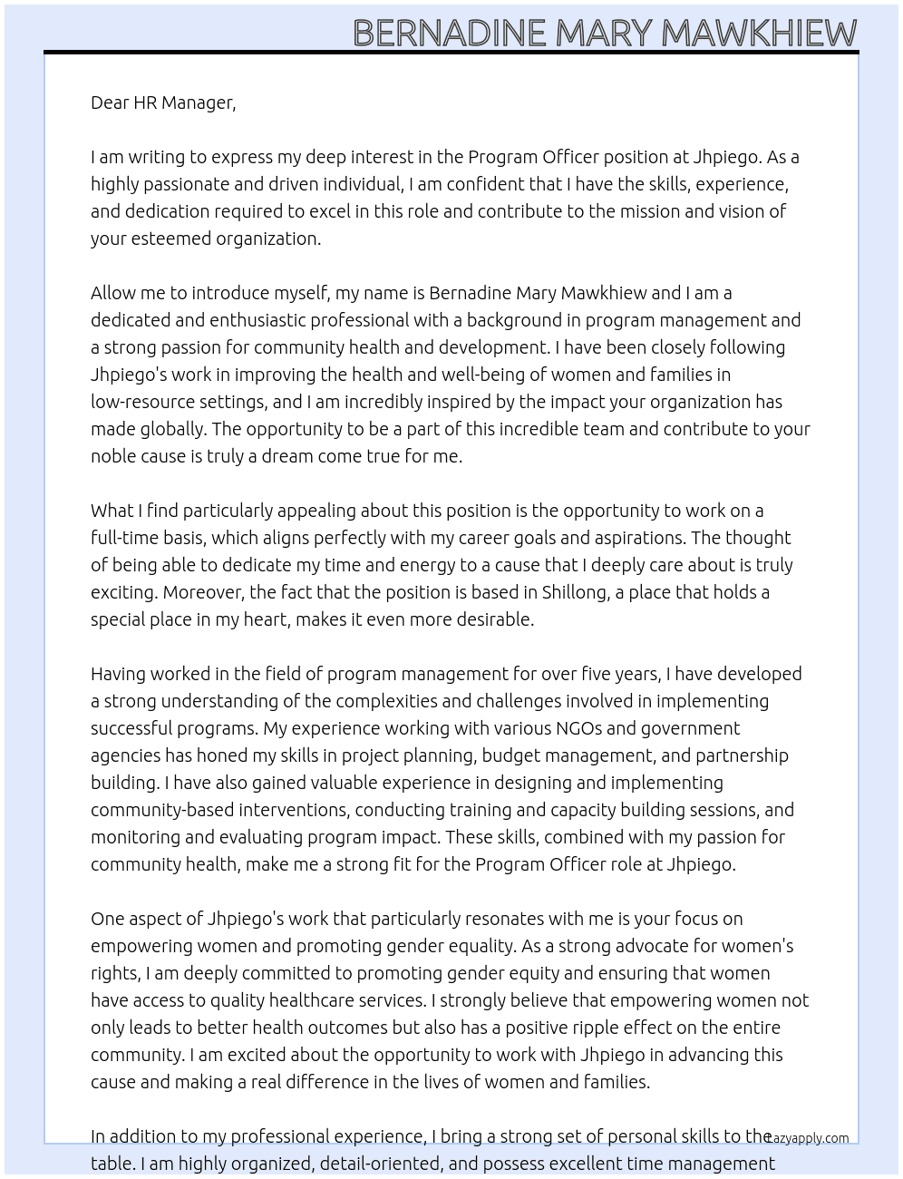 Program officer At Jhpiego Cover Letter
