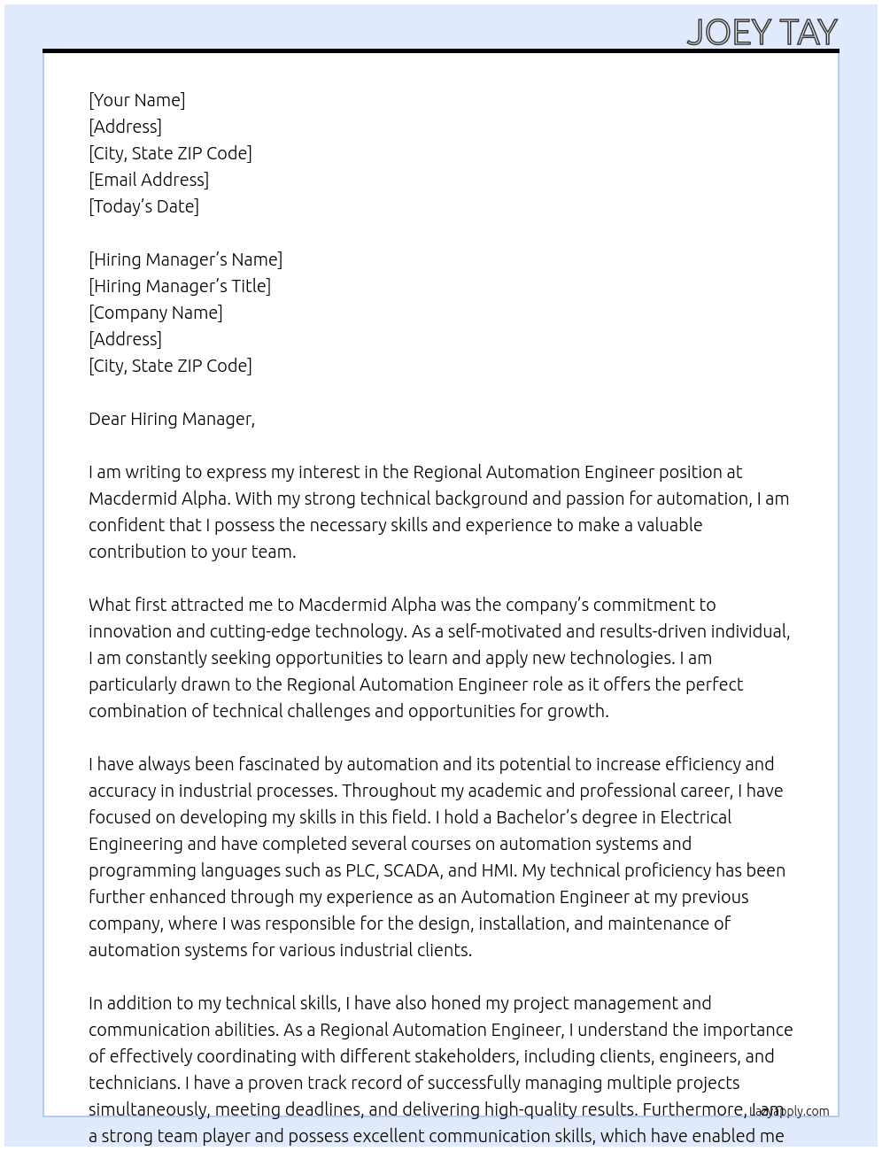 Regional Automation Engineer At Macdermid Alpha Cover Letter