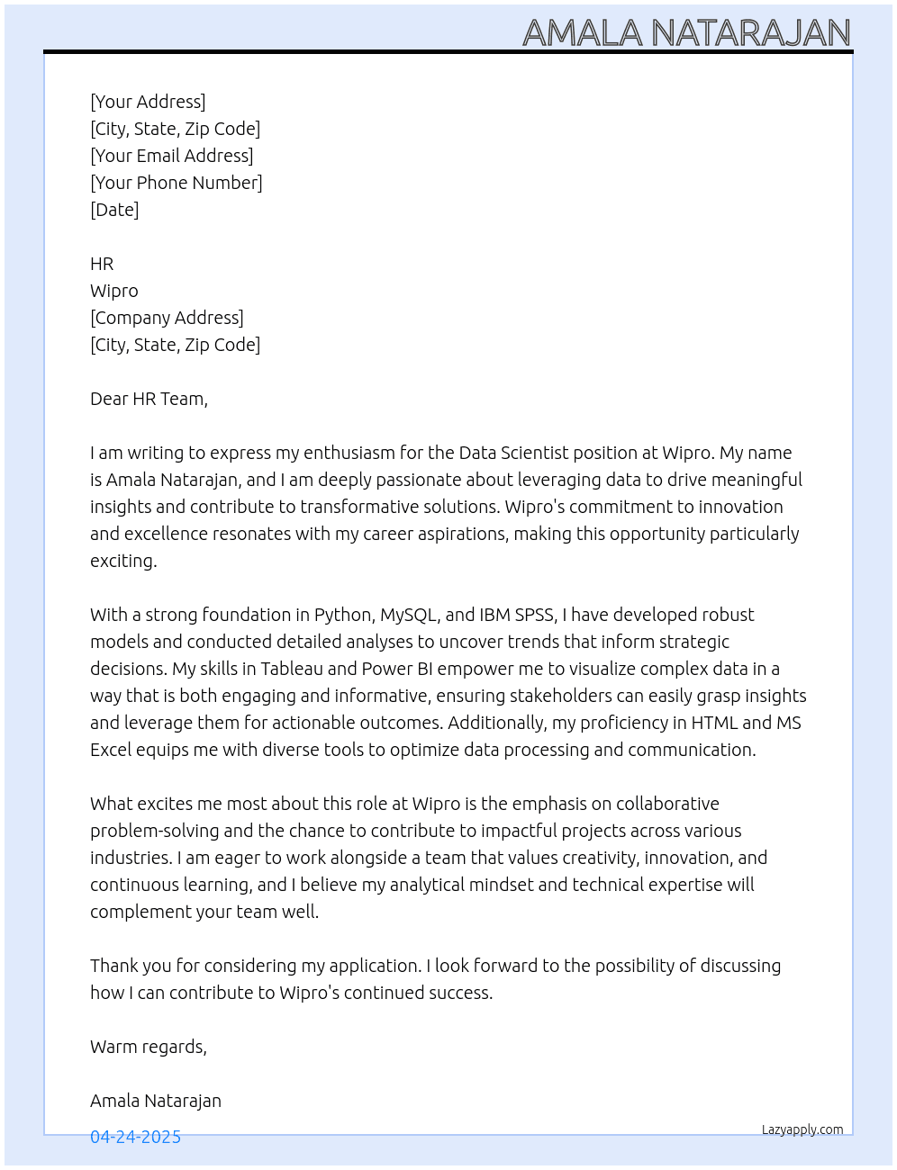 Data Scientist At Wipro Cover Letter