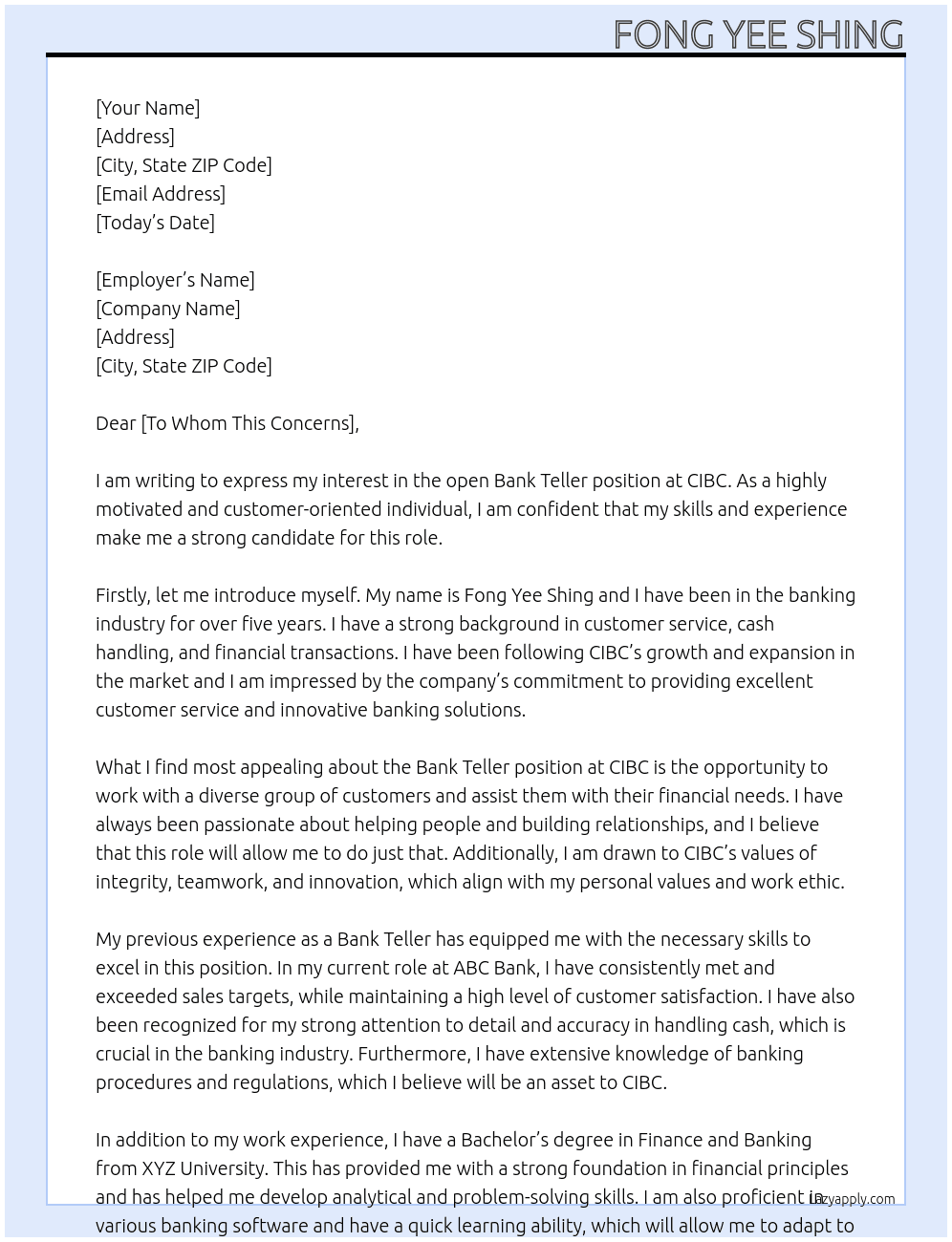 Bank Teller At CIBC Cover Letter
