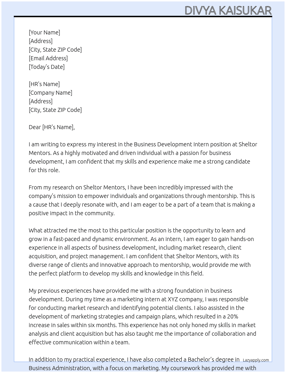 business development intern At sheltor mentors Cover Letter