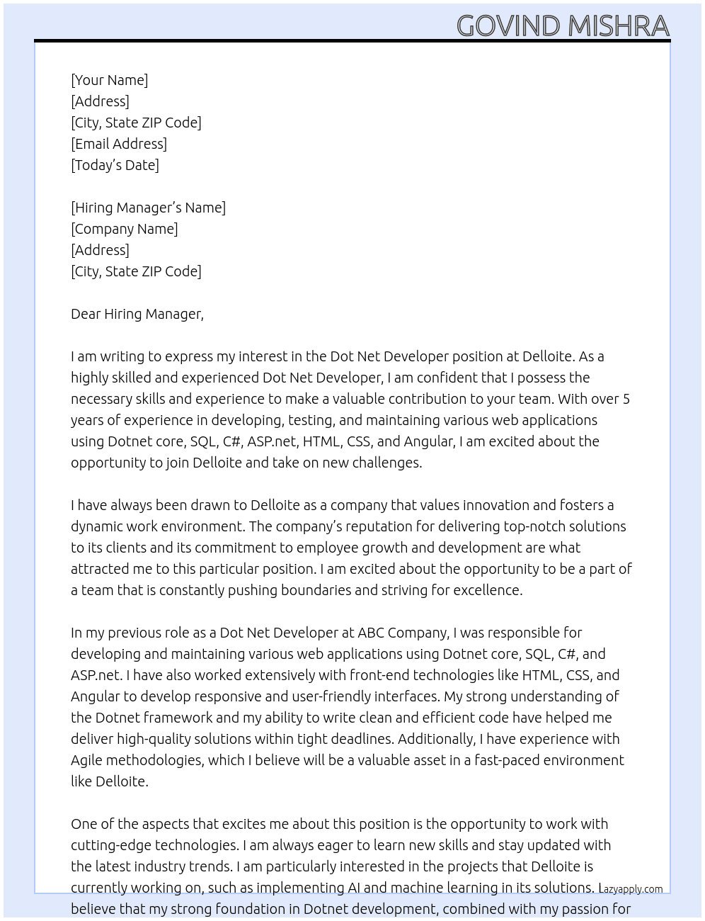 Dot net developer At Delloite Cover Letter
