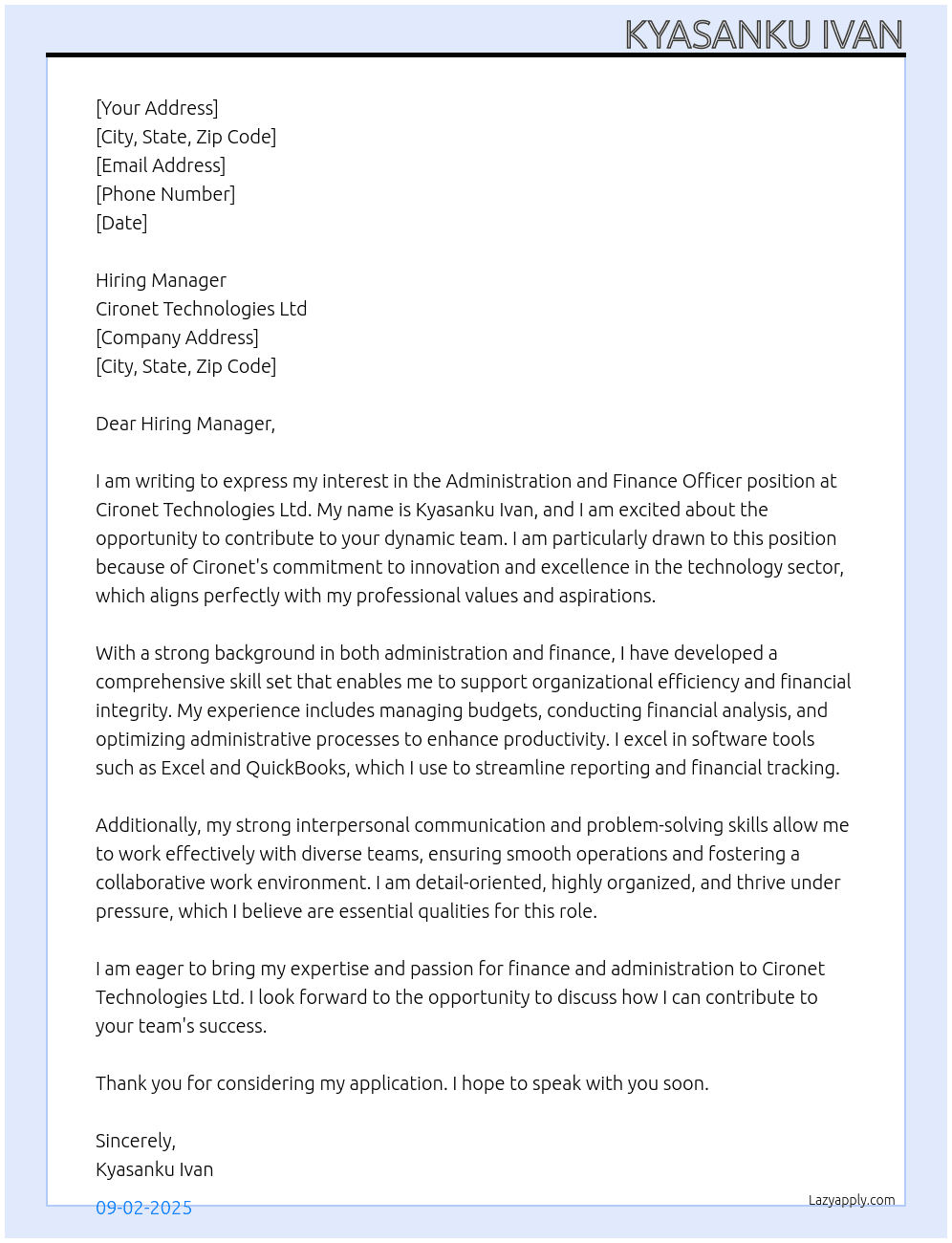 Cover letter for administration and finance officer - LazyApply