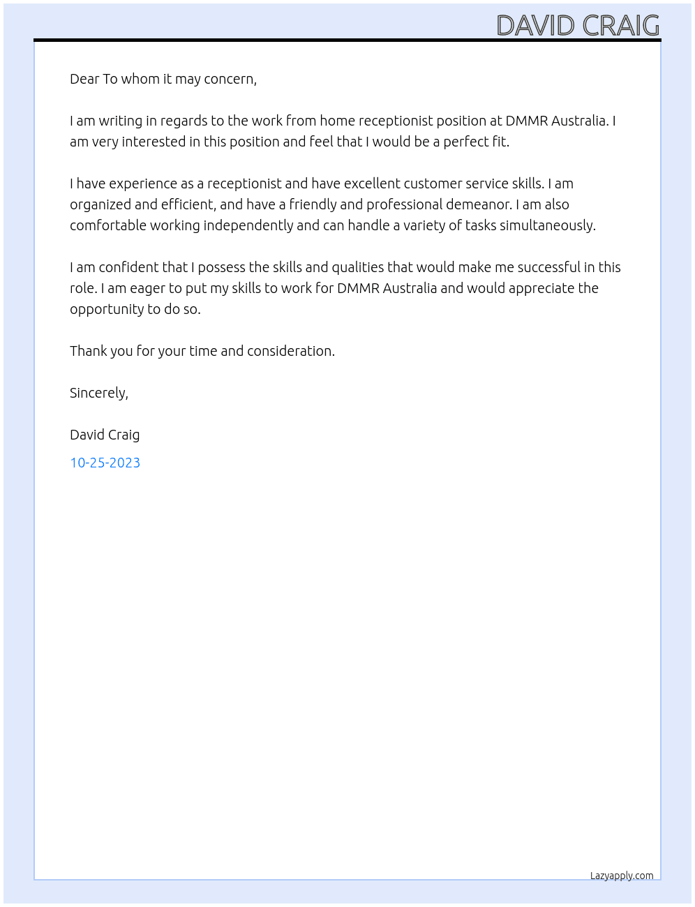 work from home receptionist  At DMMR Australia Cover Letter