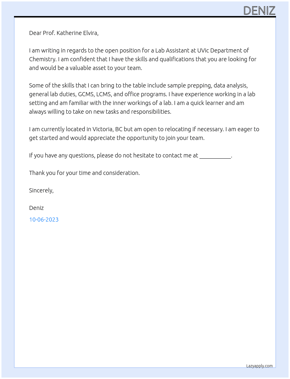 Lab Assistant At UVic Department of Chemistry Cover Letter