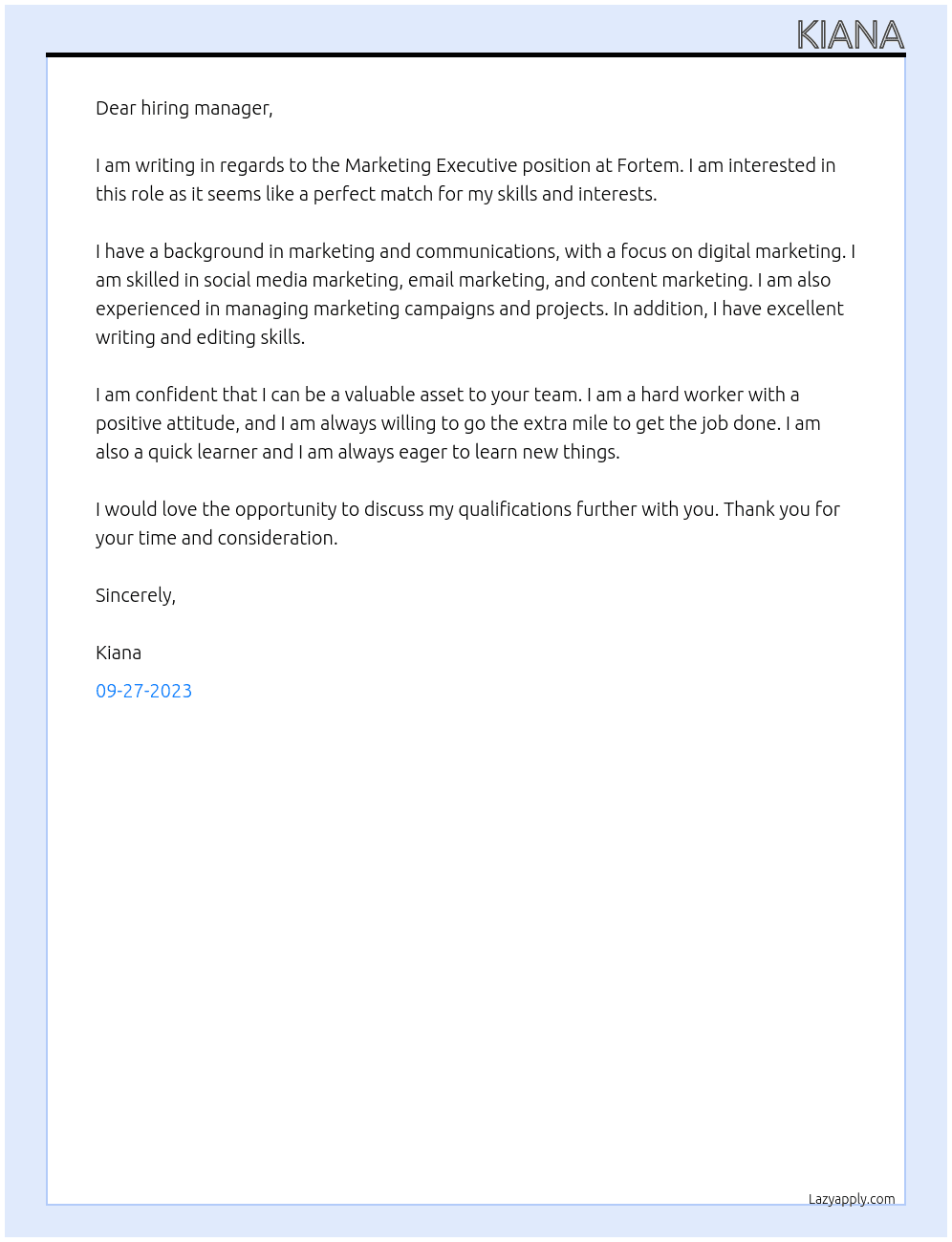 Marketing Executive At Fortem Cover Letter