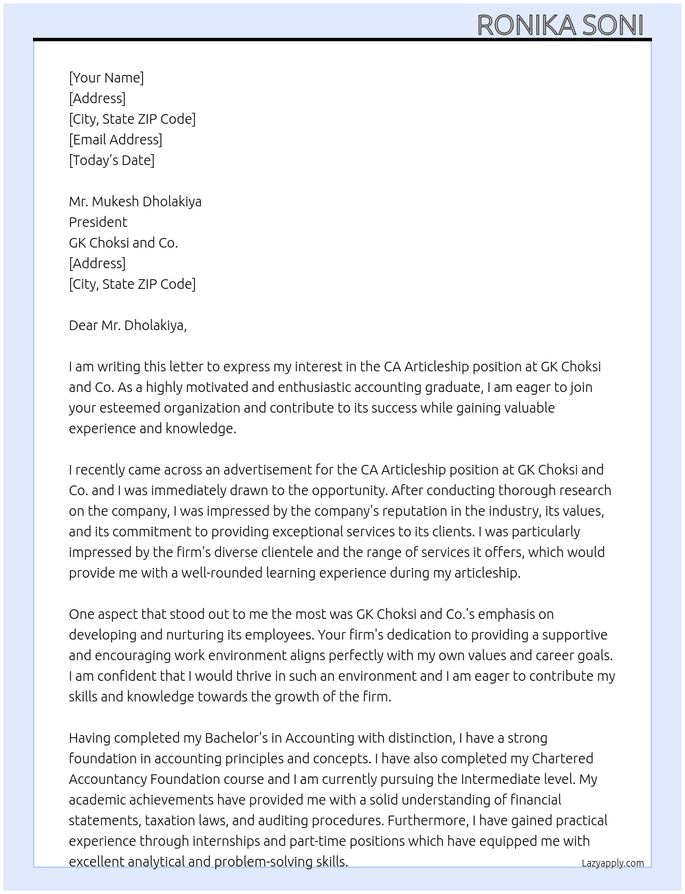 ca articleship  At GK Choksi And Co.  Cover Letter
