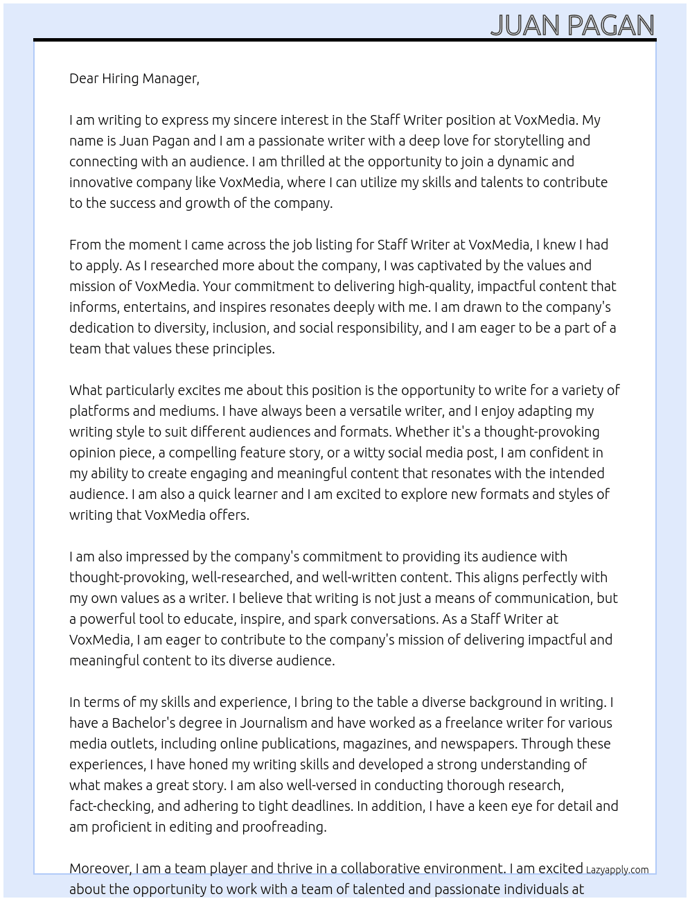 Staff Writer At VoxMedia Cover Letter