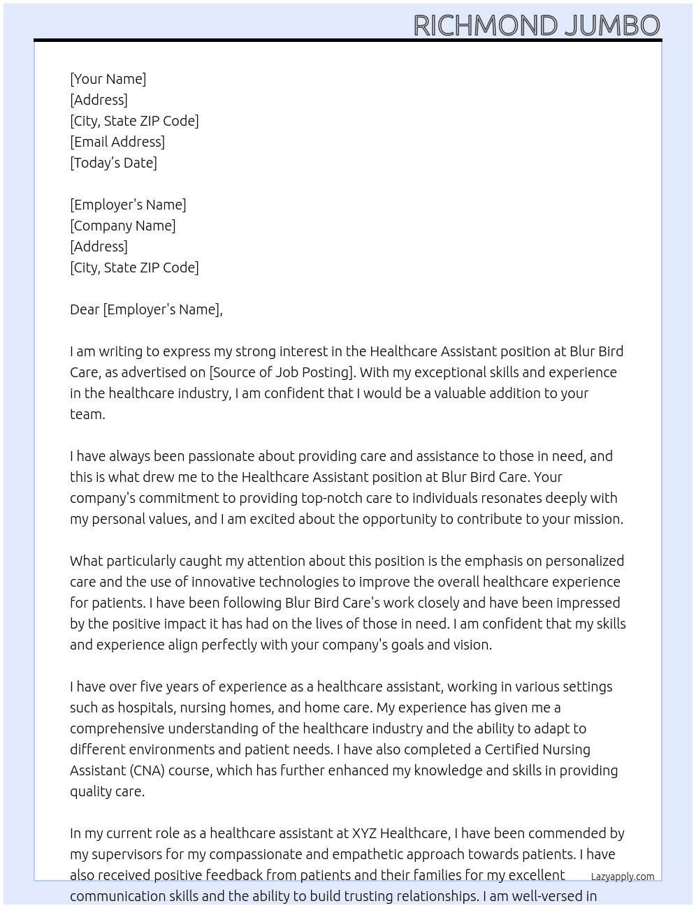 Healthcare assistant At Blur bird care Cover Letter