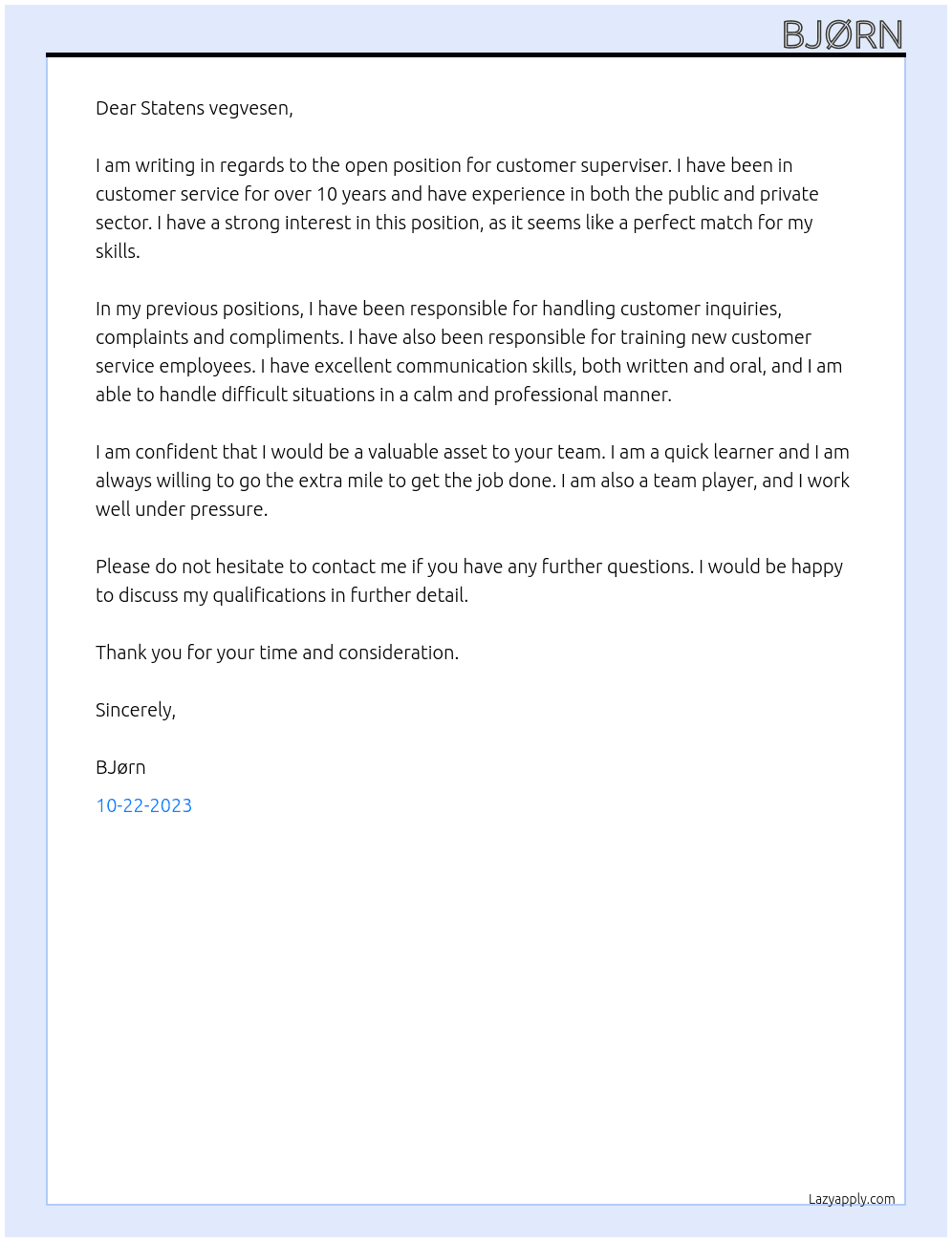 customer superviser At Statens vegvesen Cover Letter