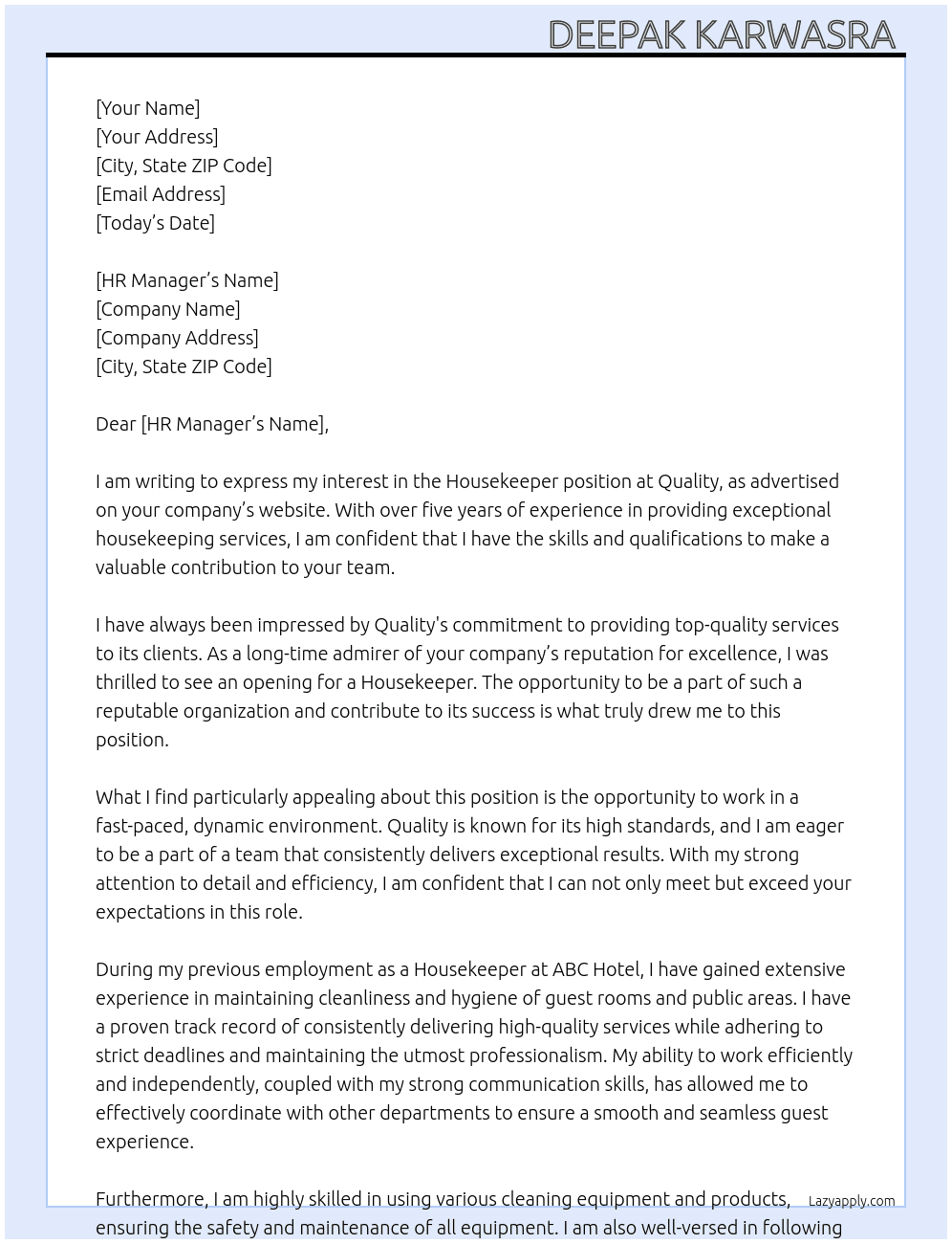 Housekeeper At Quality Cover Letter