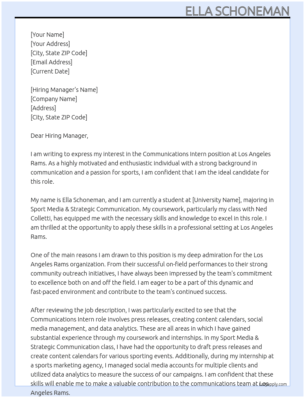 Communications Intern At Los Angeles Rams Cover Letter