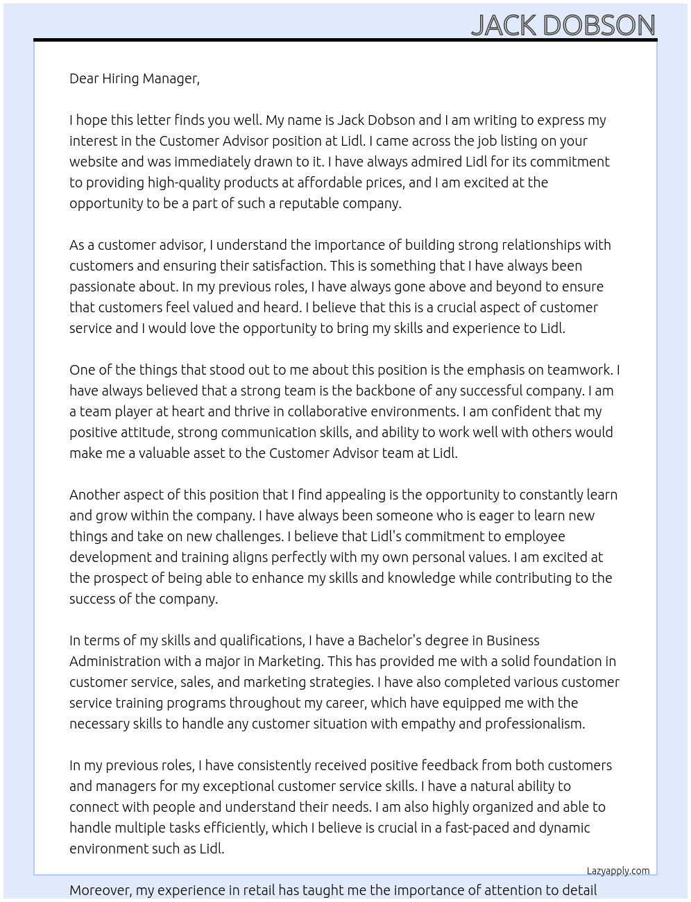 Customer Advisor At Lidl Cover Letter
